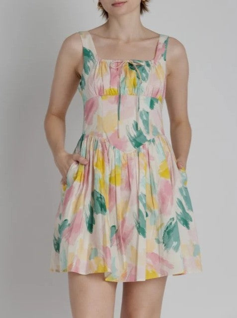 Watercolor Print Tie Mini Dress