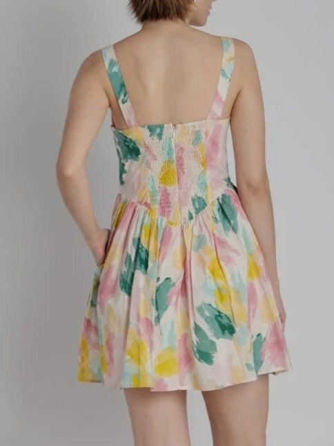 Watercolor Print Tie Mini Dress