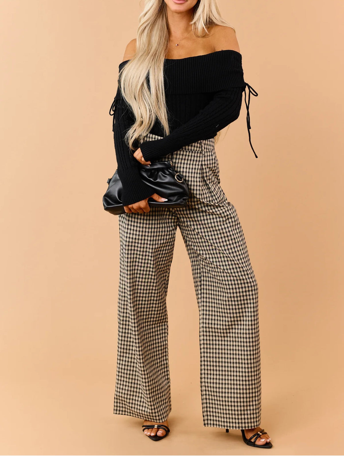 Gingham Pleated Wide Leg Pants