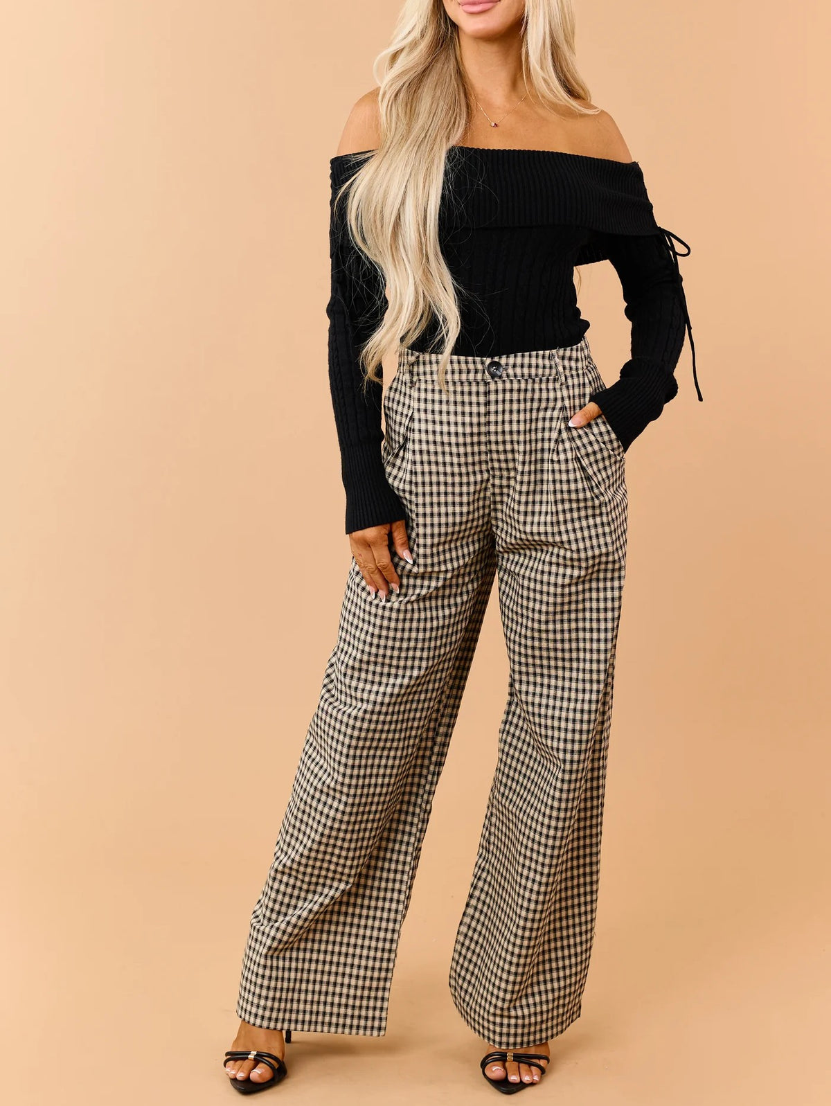 Gingham Pleated Wide Leg Pants